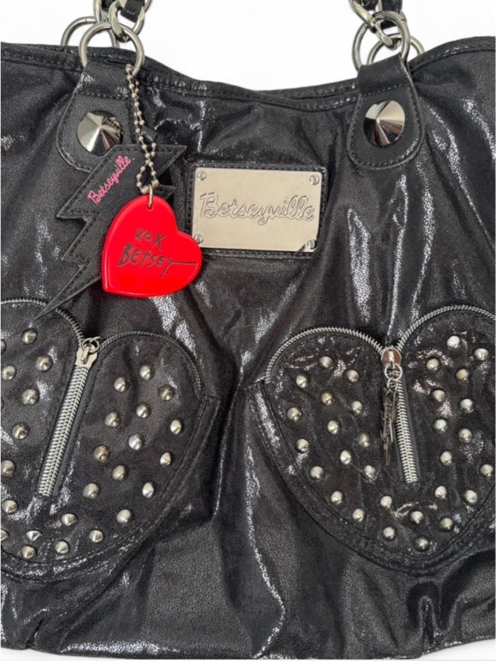Betsey Johnson Y2K studded heart chain shoulder bag edgy mcbling goth purse